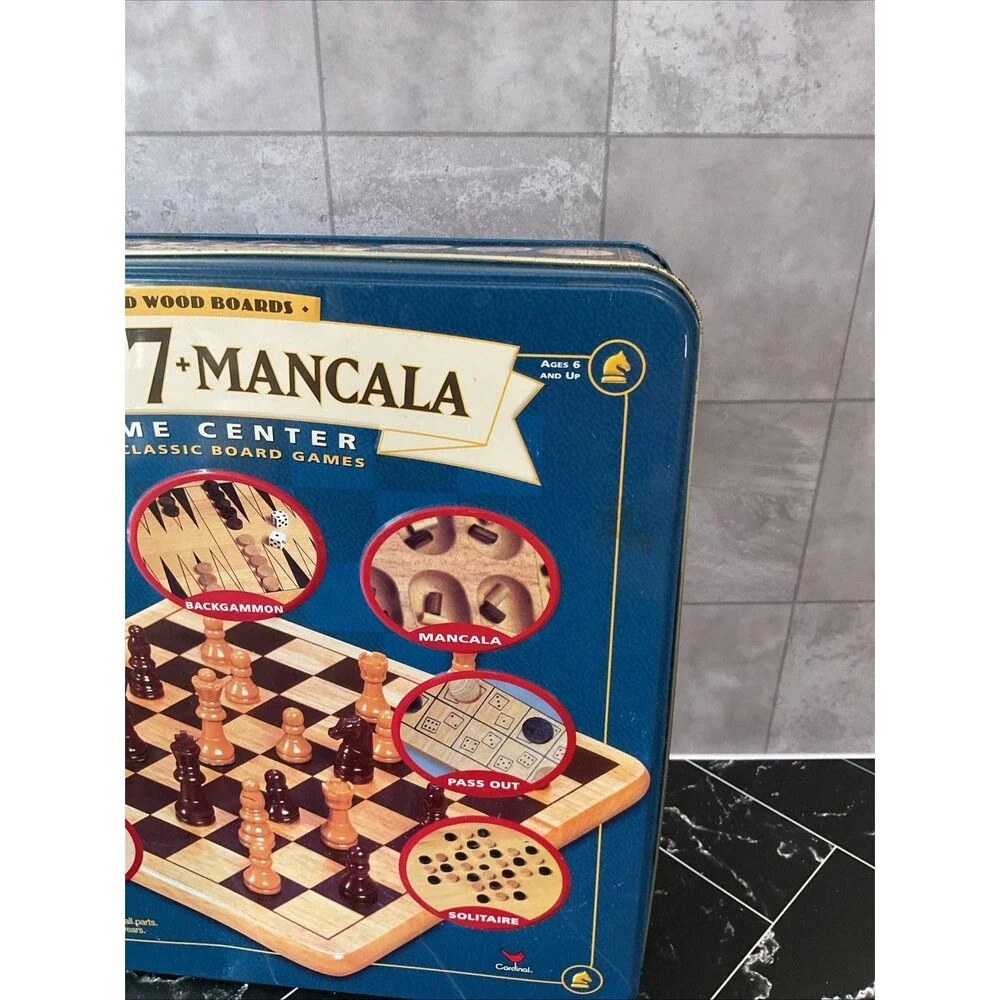 Family 7+ Mancala Game Center 8 Classic Board Games Solid Wood in Tin EUC